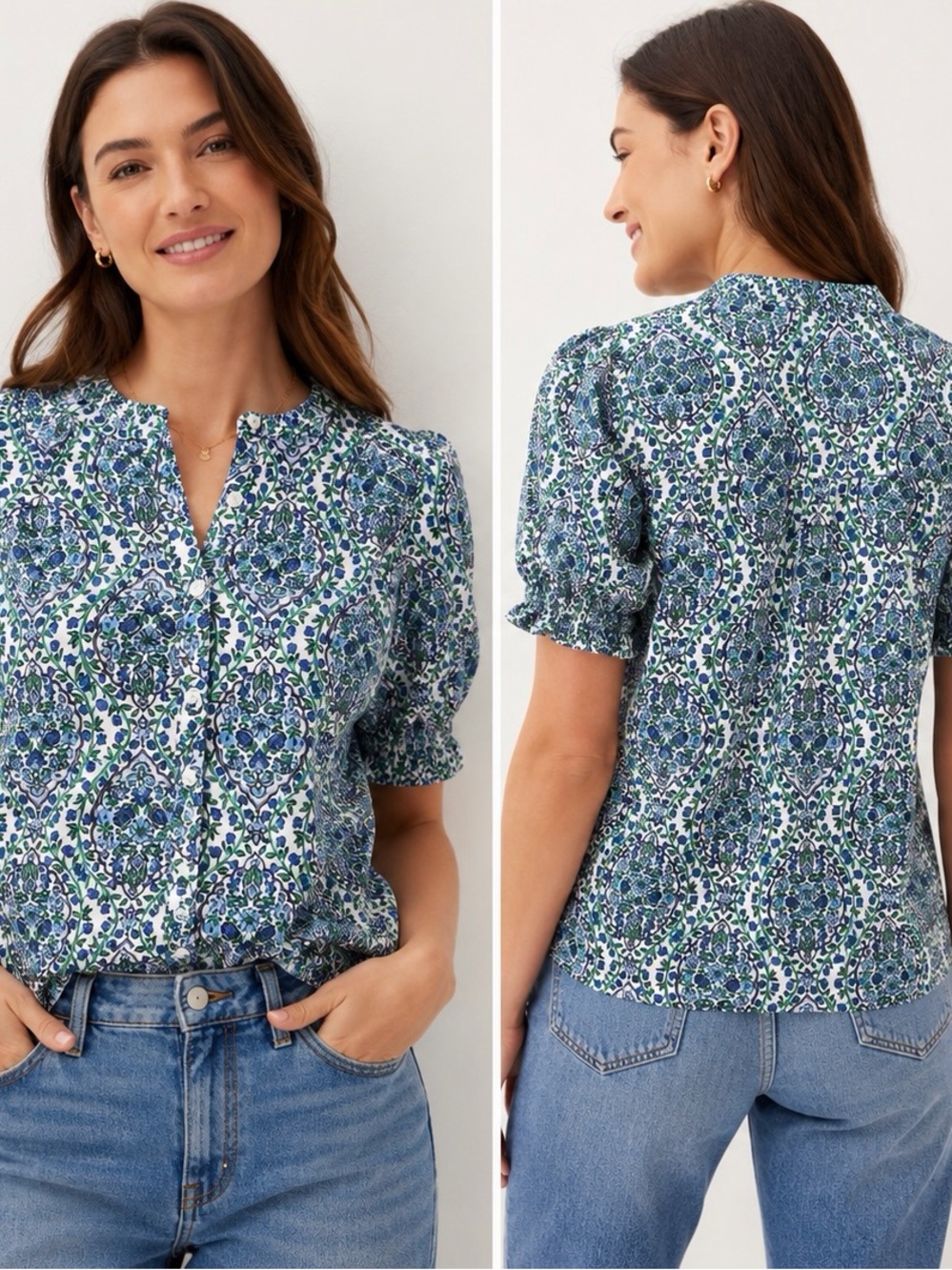Boden Floral TENCEL Modal Puff Sleeve Button Blouse Blue Green US 8 NWT